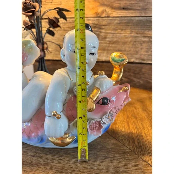Vintage Chinese Porcelain tongzi Riding Koi Fish Figurines Gold Gilt Pair 2pc